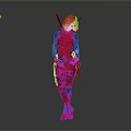 Woman With Pink Hair In Red Black Bodysuit Standing Confidently With Crossed Legs And Swords