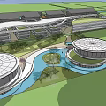 Modern Architectural Complex With Circular Domes Water Features And Green Spaces 3d model