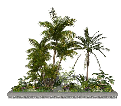 Tall Palm Trees In Decorative Planter Box With Lush Shrubs And Flowers 3d model