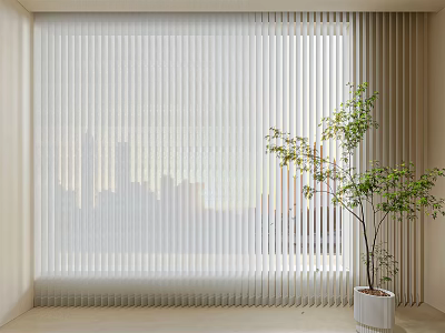 Venetian Blinds Filtering Natural Light Through Window With City View And Potted Plant 3d model