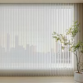 Venetian Blinds Filtering Natural Light Through Window With City View And Potted Plant