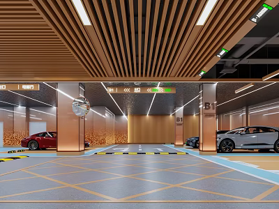 Modern Parking Garage Interior With Wooden Slat Ceiling Direction Signs And Parked Cars 3d model