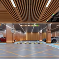 Modern Parking Garage Interior With Wooden Slat Ceiling Direction Signs And Parked Cars