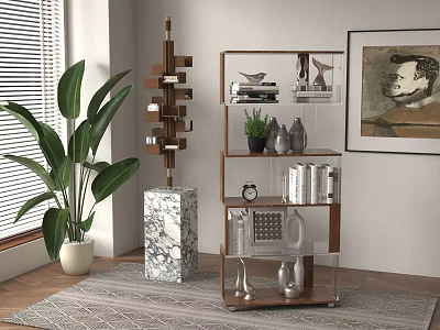 Modern Bookshelf With Books Decorations Large Green Plant And Marble Base Wall Painting 3d model
