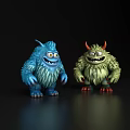 Blue And Green Furry Cartoon Monsters With Horns And Smiling Faces