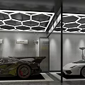 4S Car Dealership Showroom Featuring Black Patterned Sports Car Yellow Signs And Hexagonal Ceiling Lights
