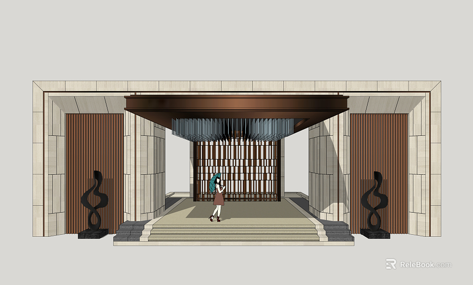 Grand Entrance Gate With Stone Columns Wooden Grille And Decorative Sculptures 3d model 