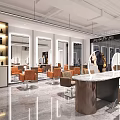 Modern Hair Salon Interior With Orange Chairs Large Mirror And Black Shelves
