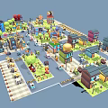 Colorful Cartoon Town Buildings In Various Styles With Streets Cars And Trees