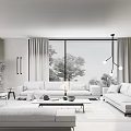 Gray Sofa And Coffee Table Set In Modern Living Room Large Windows Plants Pendant Lights