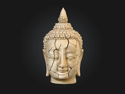Hand Carved Buddha Head Sculpture With Cracks And Detailed Facial Features 3d model