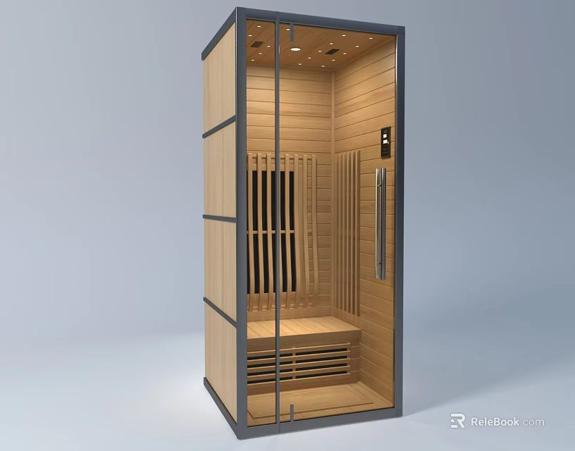 Modern Shower Sauna Interior With Wooden Structure Glass Door Bench And Top Lights 3d model 