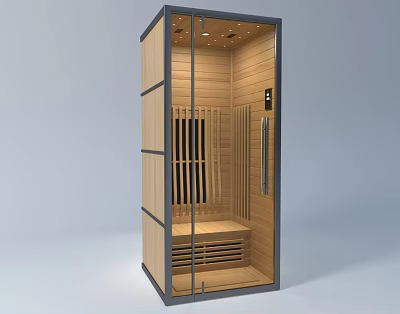 Modern Shower Sauna Interior With Wooden Structure Glass Door Bench And Top Lights 3d model