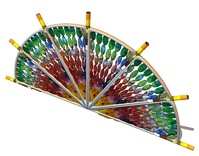 Vibrant Glass Fan Shaped Structure Instagrammable Photo Spot With Yellow Poles 3d model