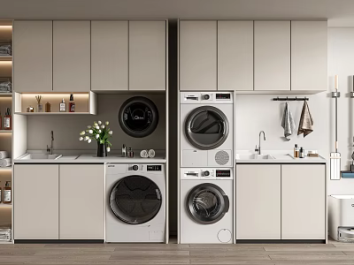 Elegant Modern Laundry Room With Washer Dryer Units Cabinet Storage And Sink 3d model