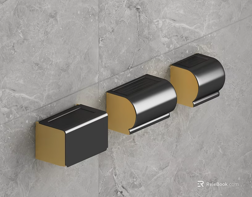Wall Mounted Black Gold Storage Organizers On Grey Marble Wall Surface 3d model 