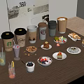 Wooden Table With Various Coffee Cups Drinks Desserts And Fresh Fruits