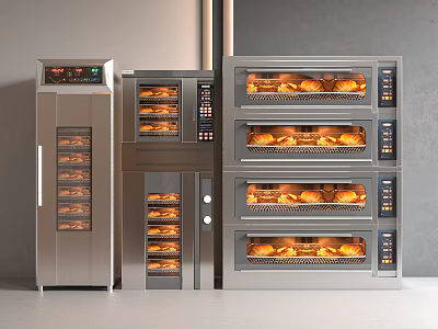 Stainless Steel Commercial Kitchen Appliances Featuring Multiple Ovens with Baked Goods Inside 3d model