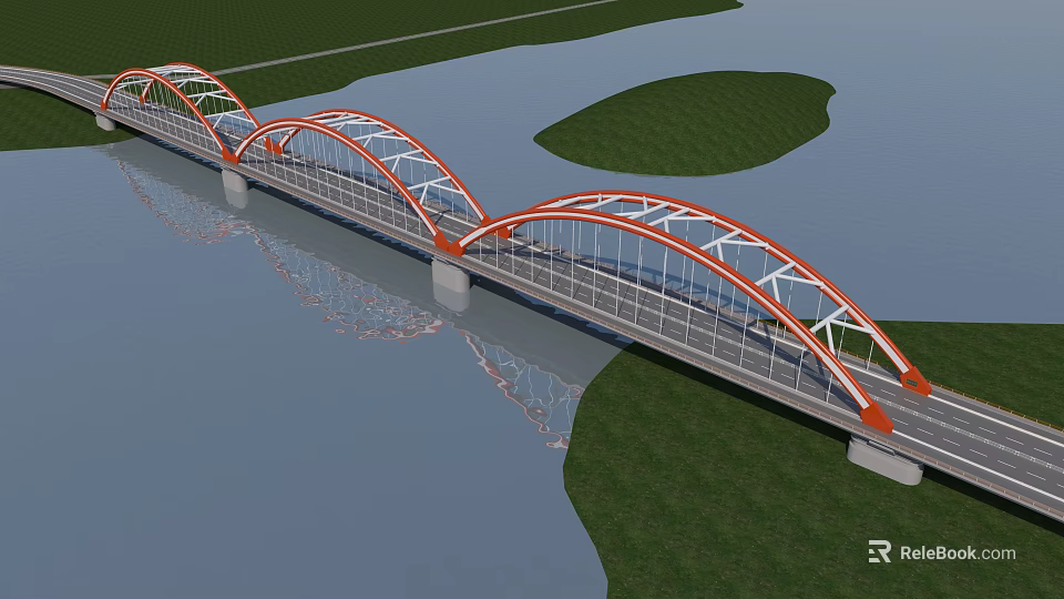 Red Arch Bridge Over Water With Green Grass Islands And Reflection 3d model 