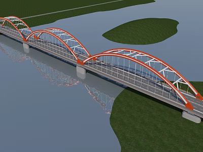 Red Arch Bridge Over Water With Green Grass Islands And Reflection 3d model