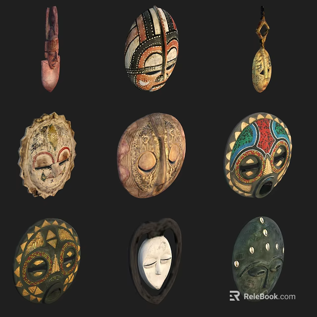 Colorful Decorative Mask Ornament Set With Various Cultural Designs For Home Decor 3d model 