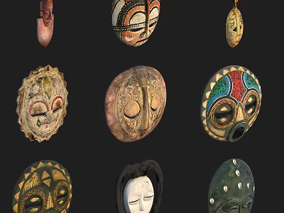 Colorful Decorative Mask Ornament Set With Various Cultural Designs For Home Decor 3d model