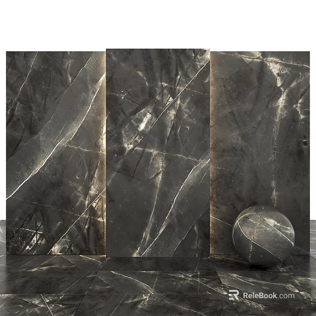 Black Marble Textured Wall With Spherical Decor Element In Modern Interior 3d model