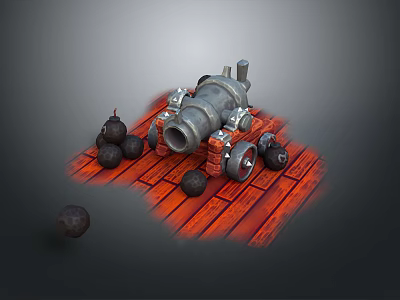 Antique Cannon Displayed on Rustic Red Wooden Planks with Scattered Cannonballs 3d model
