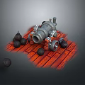 Antique Cannon Displayed on Rustic Red Wooden Planks with Scattered Cannonballs