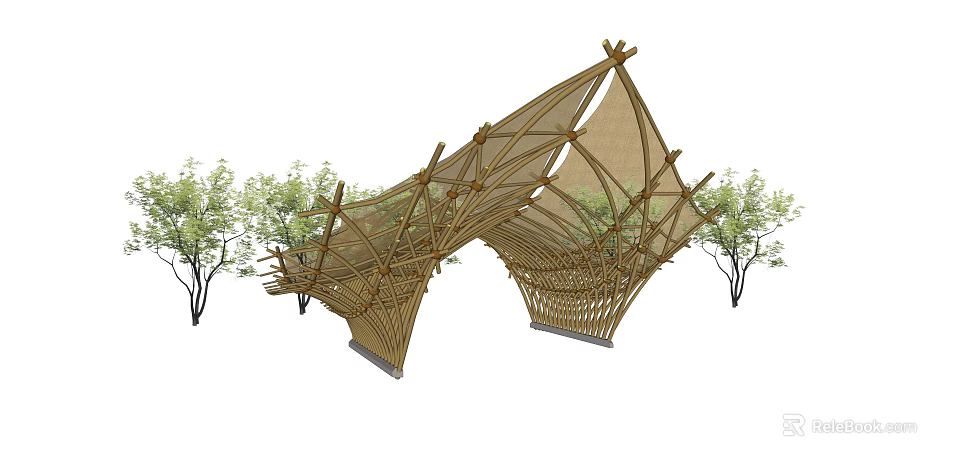 Creative Bamboo Canopy Structure In Garden Landscape With Surrounding Trees 3d model