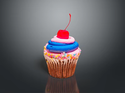 Delicious Cupcake With Blue Pink Frosting Red Cherry Colorful Sprinkles And Brown Paper Liner 3d model
