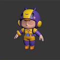 Cartoon 3D Character With Purple Yellow Outfit Horned Creature Helmet Pink Accents And Orange Boots