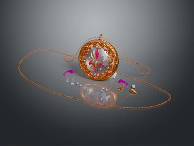 Elegant Golden Pendant Necklace With Ornate Pattern And Colorful Gemstone Accents 3d model