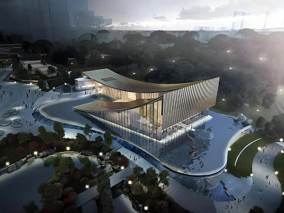Modern Sales Office Building With Curved Roof Design Night Lighting And Landscaped Surroundings 3d model