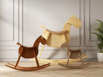 Building Block Rocking Horses In Different Wood Tones For Indoor Kids Play Area 3d model