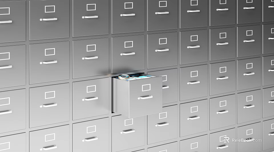 Metal File Cabinets With Open Drawer Containing Office Documents In Storage 3d model