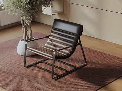 Stylish Striped Leather Accent Chair With Metal Frame On Brown Rug Near Potted Plant 3d model