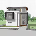 Modern Detached House Exterior With Glass Windows Landscaped Garden And Car