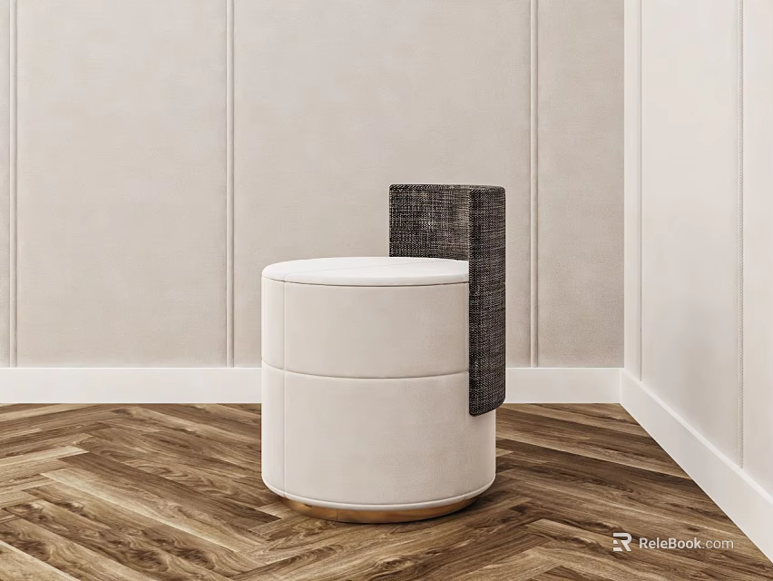 Modern White Round Bedside Table With Black Woven Accent And Herringbone Wooden Floor 3d model 