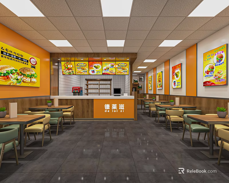 Fast Food Restaurant Interior With Orange Walls Menu Posters Order Counter And Wooden Tables 3d model 