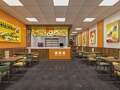 Fast Food Restaurant Interior With Orange Walls Menu Posters Order Counter And Wooden Tables 3d model