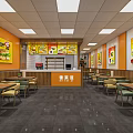Fast Food Restaurant Interior With Orange Walls Menu Posters Order Counter And Wooden Tables