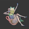 Anime Game Character With Blue Hair Cat Ears In Blue Overalls Sitting In Transparent Teacup