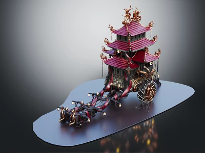 Fantasy Ornate Chariot With Oriental Architecture Red Rooftops And Dragons 3d model