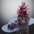 Fantasy Ornate Chariot With Oriental Architecture Red Rooftops And Dragons