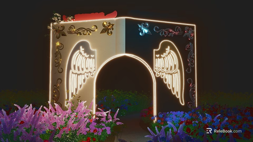 Ornate Decorative Archway With Illuminated Wings Golden Patterns And Surrounding Purple Blue Red Flowers 3d model 