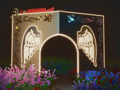 Ornate Decorative Archway With Illuminated Wings Golden Patterns And Surrounding Purple Blue Red Flowers 3d model