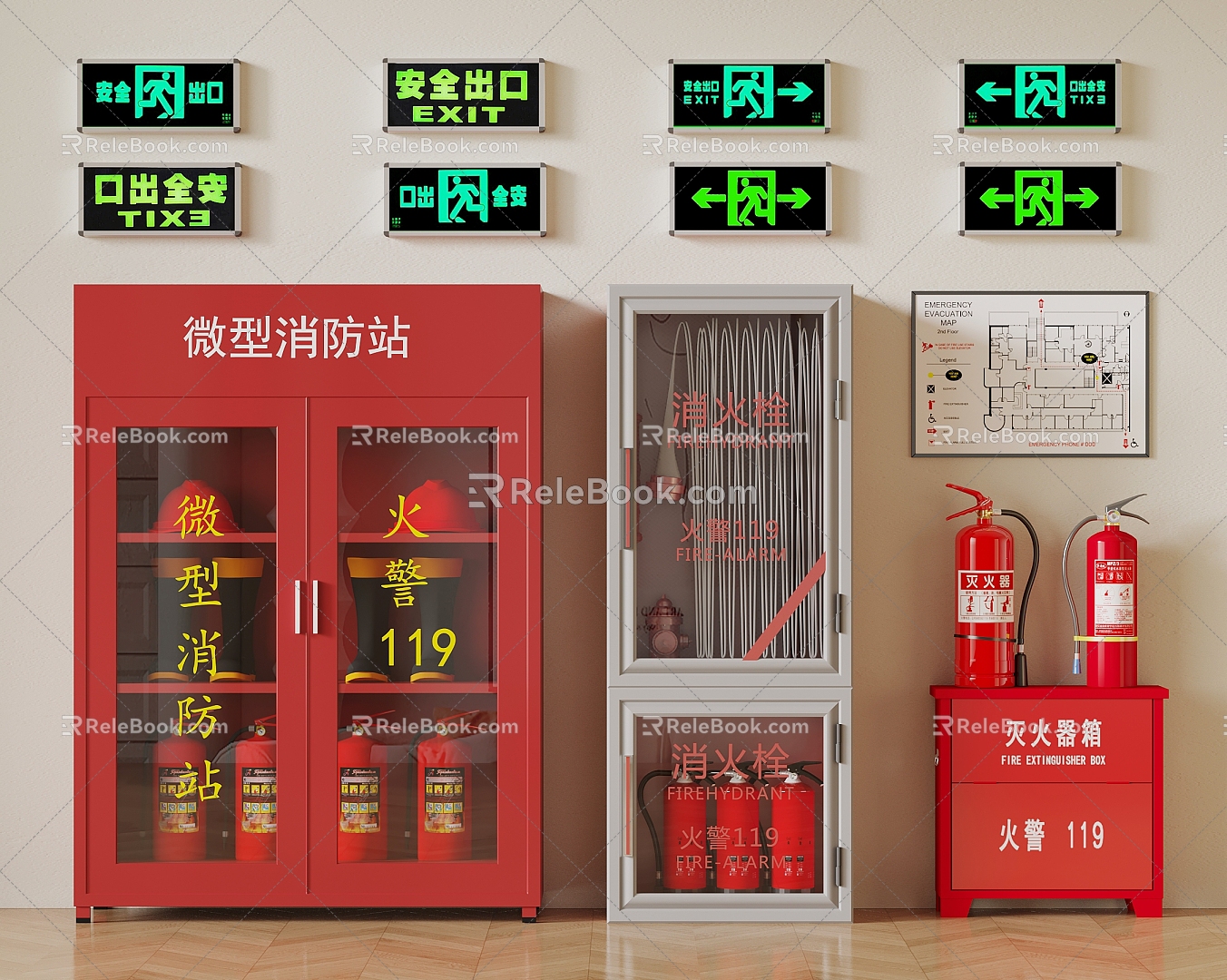 Modern fire hydrant fire extinguisher mini fire station safety exit plate model