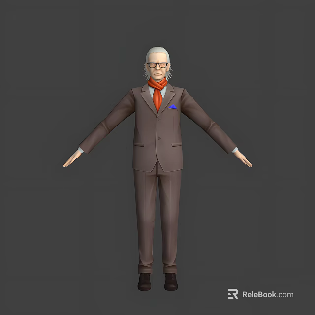 Man With White Hair Glasses In Brown Suit Orange Tie Blue Handkerchief Standing Arms Outstretched 3d model 