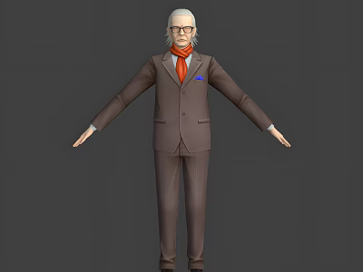 Man With White Hair Glasses In Brown Suit Orange Tie Blue Handkerchief Standing Arms Outstretched 3d model